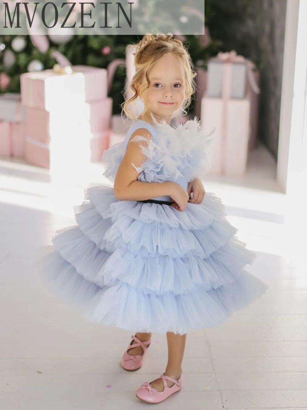 Mvozein Puffy Layers Girl Dress Blue Flower Girl Dress Kid Birthday Dress Wedding Party Dress Princess Dress Vestido Robe