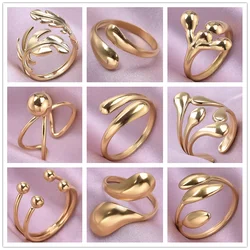 1/2pcs/Lot Fashion Beads Ball Ring Plant Leaf Water Droplet Open Adjustable Stainless Steel Rings For Women Men Real Gold Plated