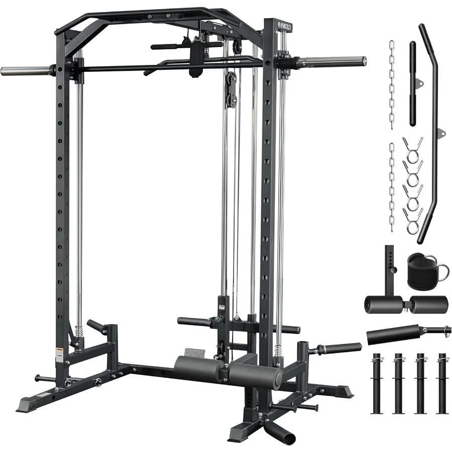 Smith Machine Home Gym Power Cage Entrenador de fuerza con relación 1:1 (con diseño de ahorro de espacio) (con 8 accesorios gratuitos) Estante para sentadillas para Ful
