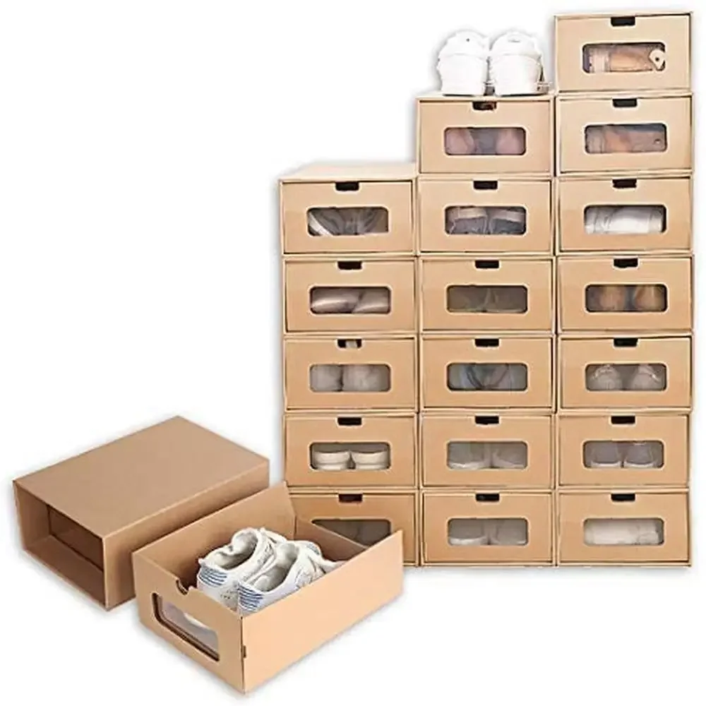 

20PCS Shoe Storage Box with Transparent Window Heavy Duty Kraft Stackable Cardboard Drawer Organizer Sneaker Shoes