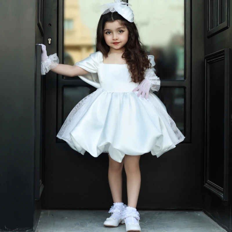 

Flower Girl Dresses White Satin Solid Short Sleeve For Wedding Birthday Party Banquet Holy Communion Gowns