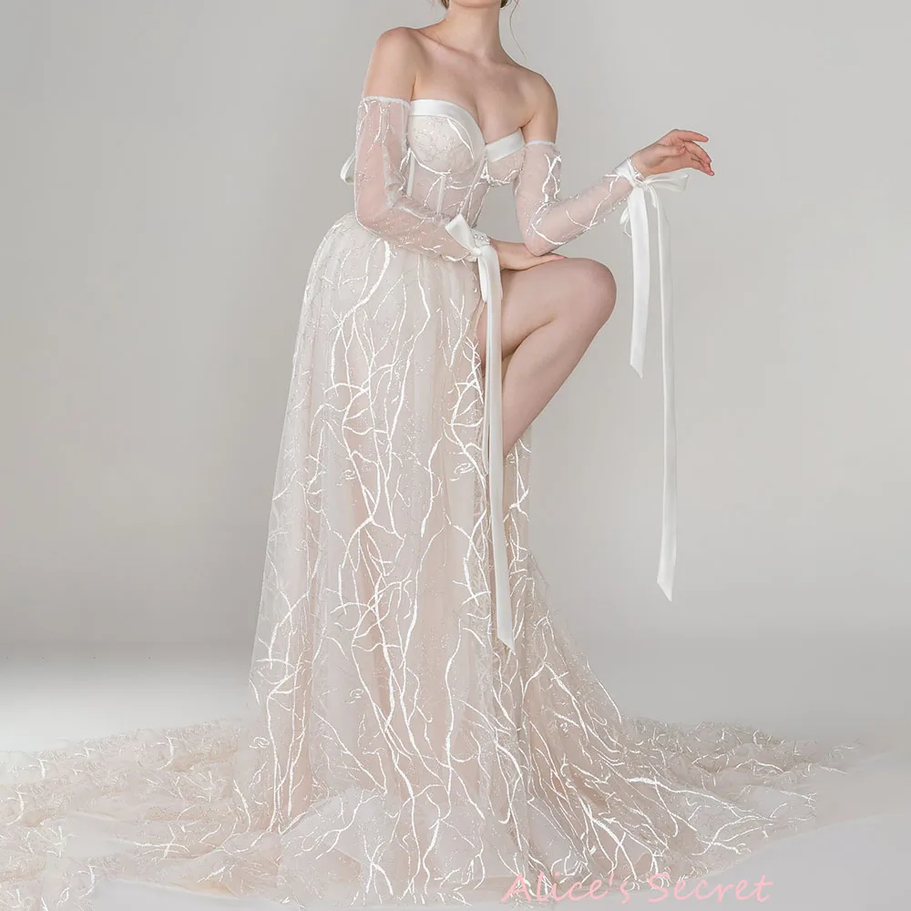 A-Line Lace Romantique Sexy Wedding Dress Detachable Strapless Long Sleeves Sweetheart Split Pleated Court Train