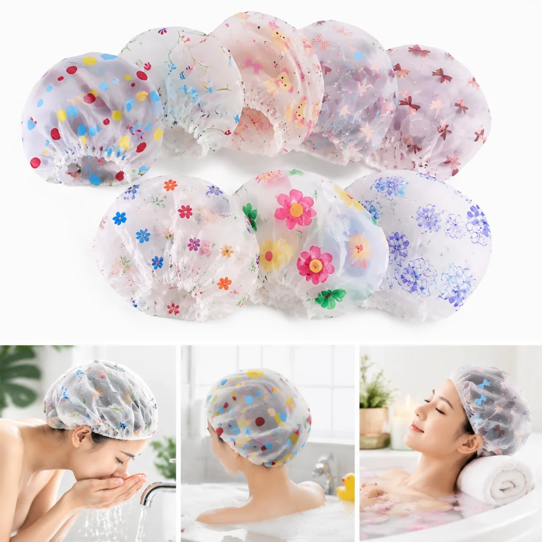 2/10Pcs Multiple Cute Floral Waterproof Shower Caps, Reusable Elastic Shower Caps,Hair Washing,Face Care,Leak Proof Hair Covers