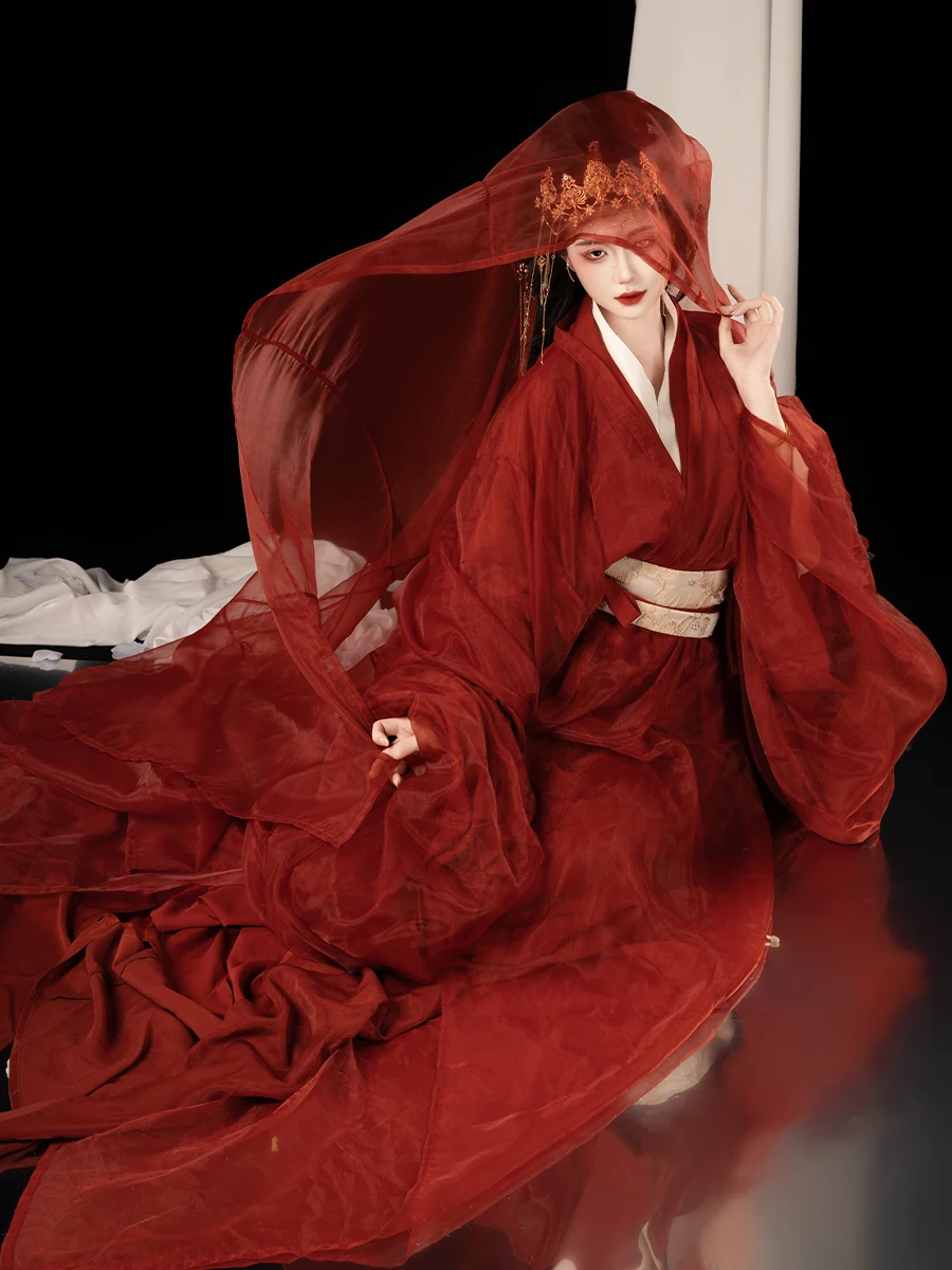 

anchi Zhujī Древний китайский костюм ханьфу Красный свадебный цветок Dra Ethereal Fem Представщик Фея Аосфера