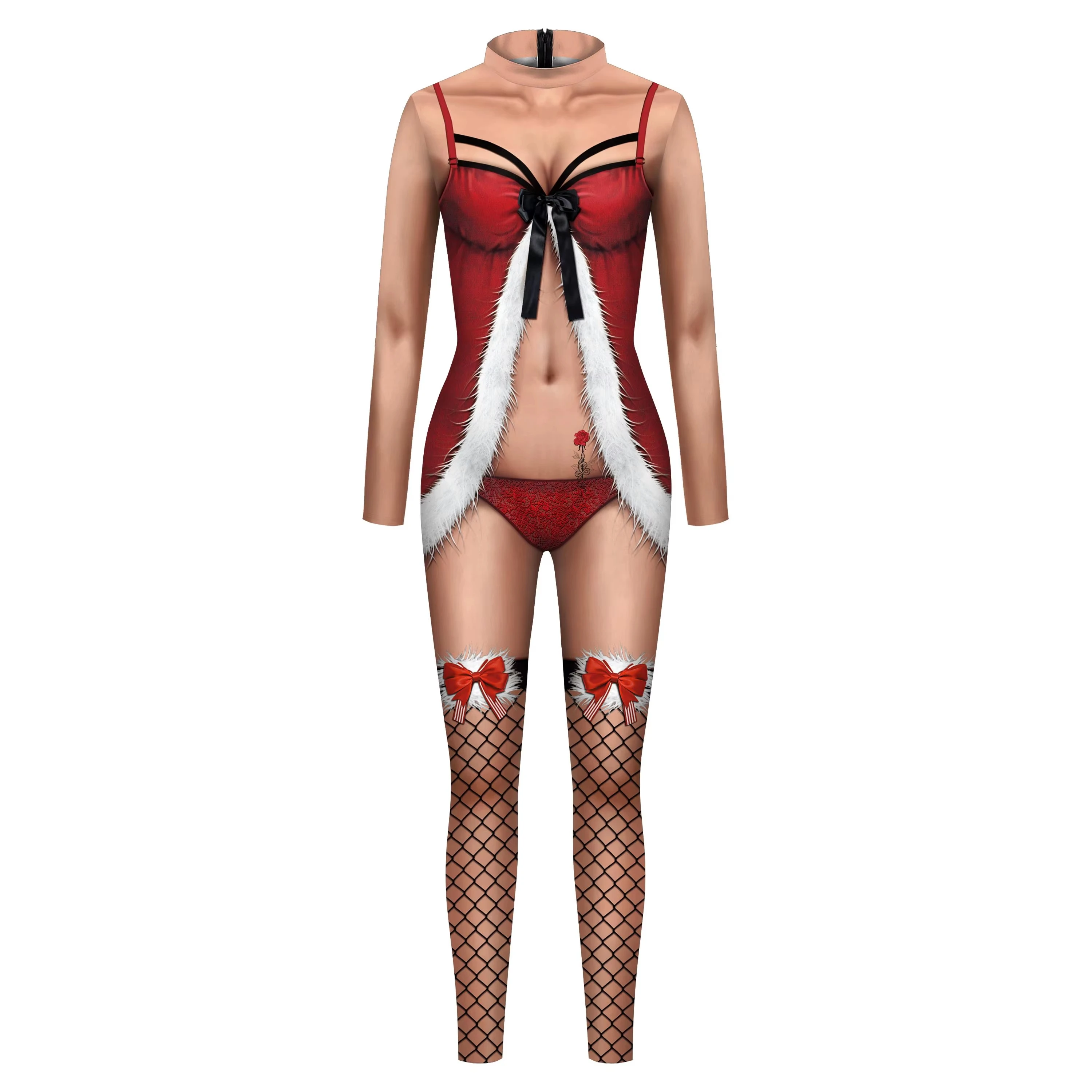 Color Cosplayer Sexy Christmas Jumpsuit Xmas Santa Claus Cosplay Costume Skinny 3D Printing Bodysuit Party Women Jumpsuit