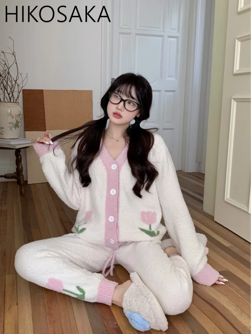 Sweet Floral Jacquard Cute Girly Homewear Suit V-neck Cardigan Elastic Wasit Trousers Women Pajama Sets Autumn Winter Sleepwear