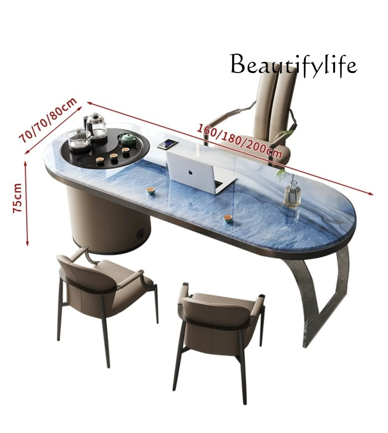 

Nordic advanced rock slab tea table and chair combination office supercrystalline stone tea table