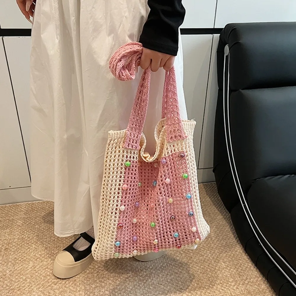 

Colorful Knitting Shoulder Bag Large Capacity Beaded Decoration Bohemian Crochet Tote Bag Versatile Korean Style