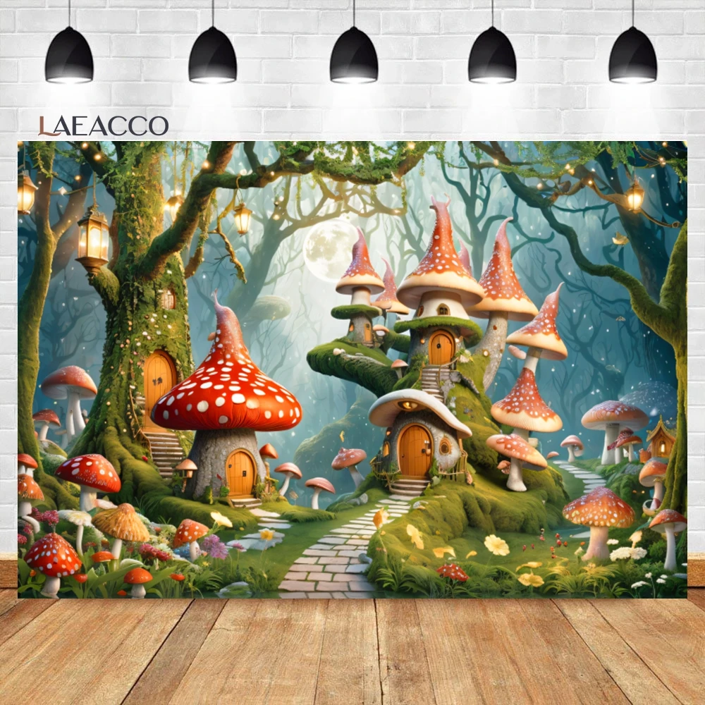 Laeacco Spring Enchanted Forest Backdrop Fairy Garden Tale Mushroom House Butterfly Kid Birthday Portrait Photography Background