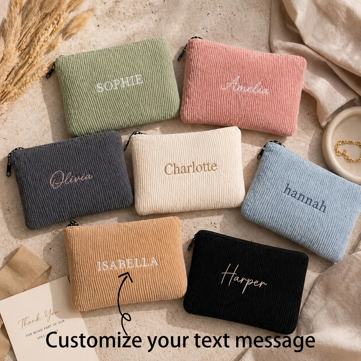 Personalized Embroidered Corduroy Makeup Bag, Custom Name Cosmetic Pouch, Soft Large Capacity Travel Toiletry Organizer