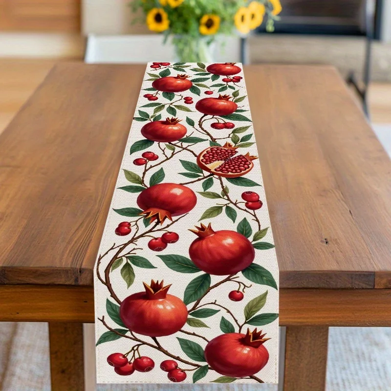 1pc Home, Kitchen, Table Flag Cloth, Table Decor, Table Accessories, Thanksgiving Theme, Plump Pomegranates And Green Leaves, Fe