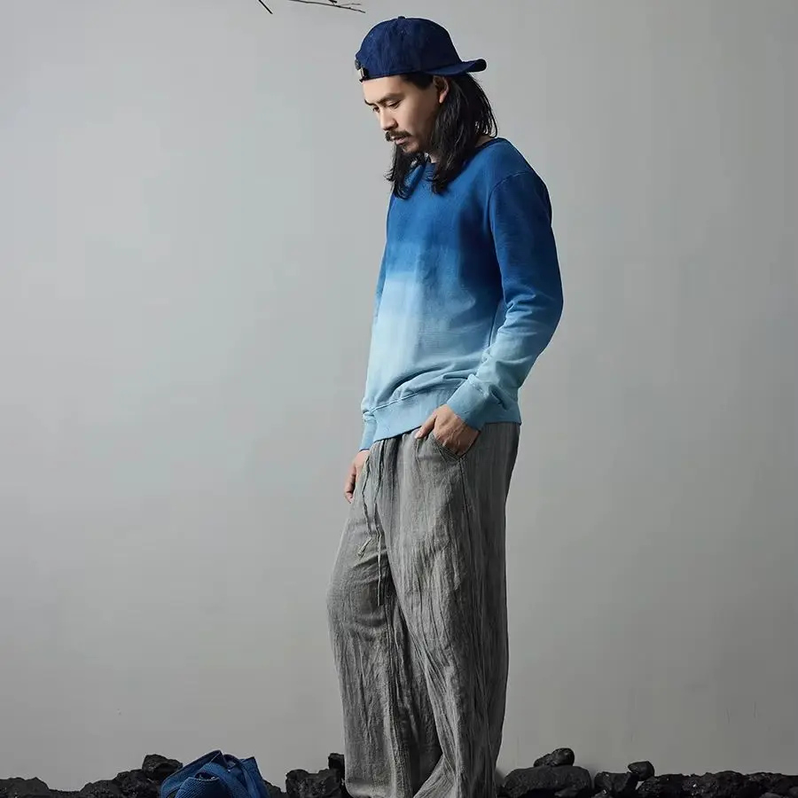 

Blue Dye Sweatshirt Japanese Retro Tie-Dye Dark Blue Gradient 360g Loose Versatile Casual Round Neck Pullover Sweatshirt