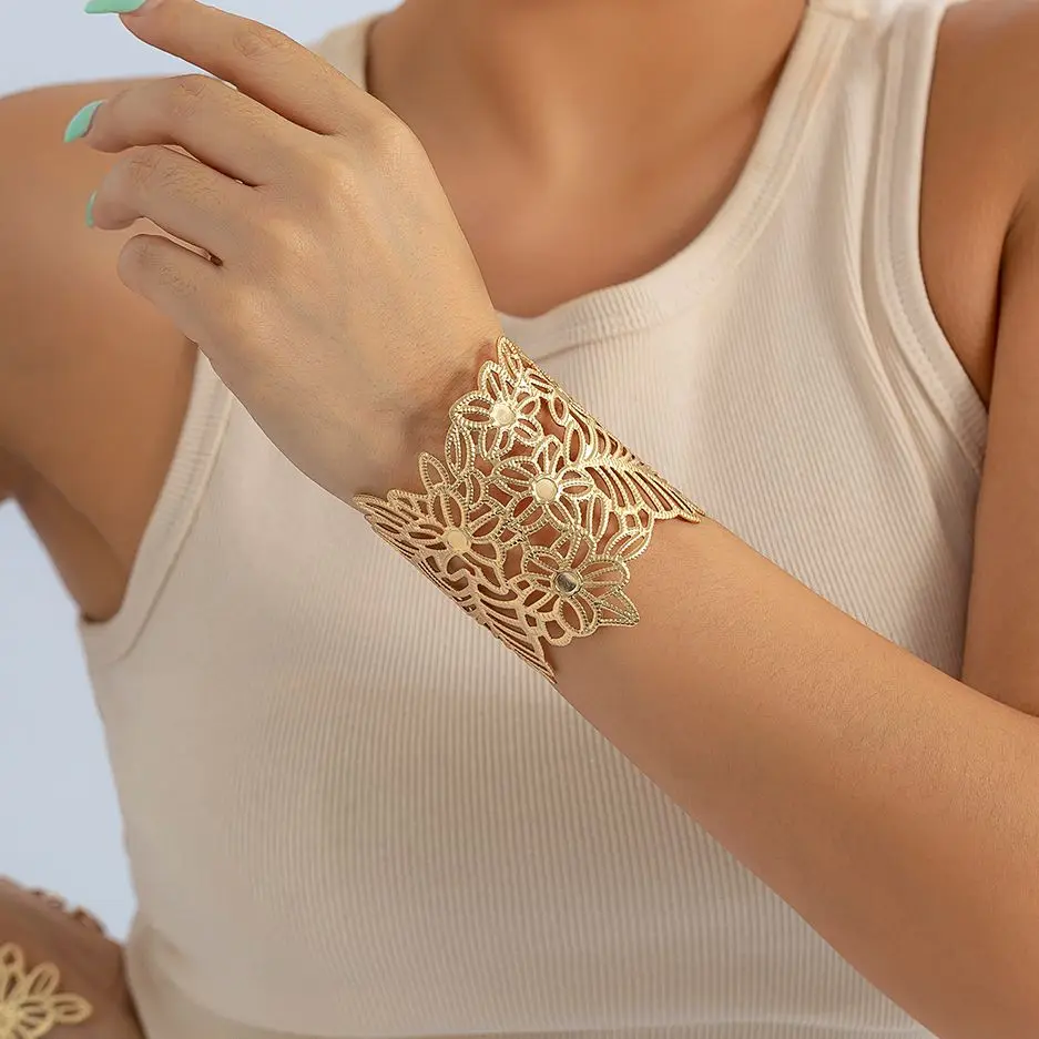 Lacteo Trendy Hollow Wide Cuff Bracelet Leaf Flower Shape Opening Gold Color Big Bangle for Women Jewelry Fashion Punk Ladies