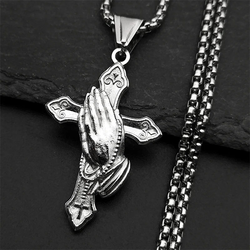 Stainless Steel Jesus Christian Praying Hands Cross Pendant Necklace for Men Women Gold Color Chain Necklaces Jewelry Gift