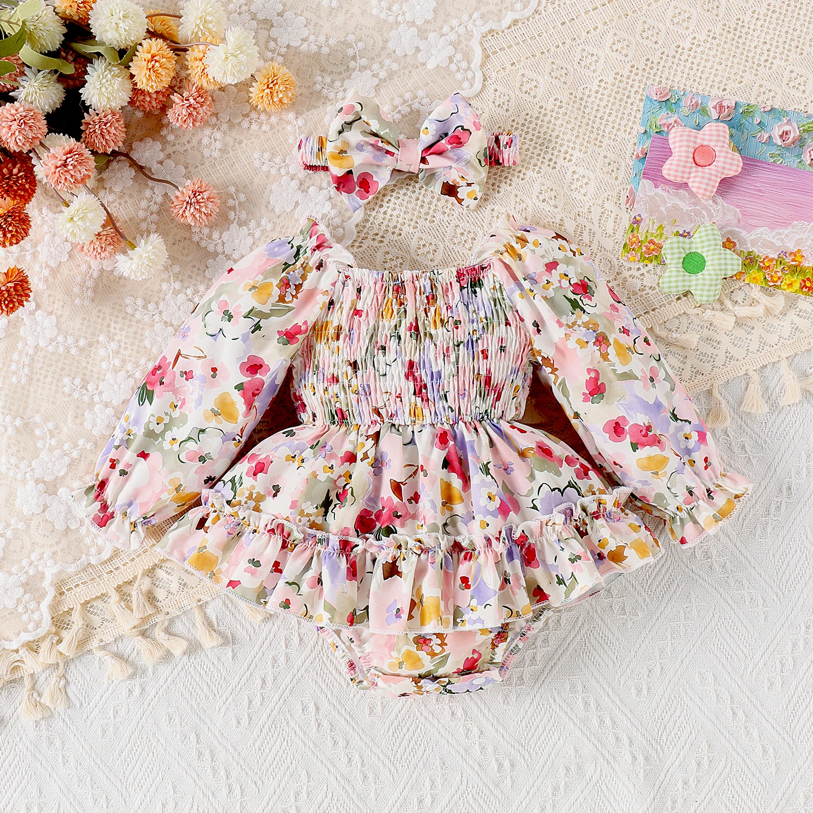 2PCS Autumn New Style For 0-1-Year-Old Girls, Sweet And Cute, Printed One-Piece Skirt + Hair Band