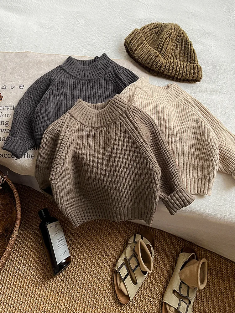 Kids Boys Casual Vintage Sweater Cotton Toddler Clothes 2025 Autumn New Children Sweater Solid Baby Girls Knitted Pullover