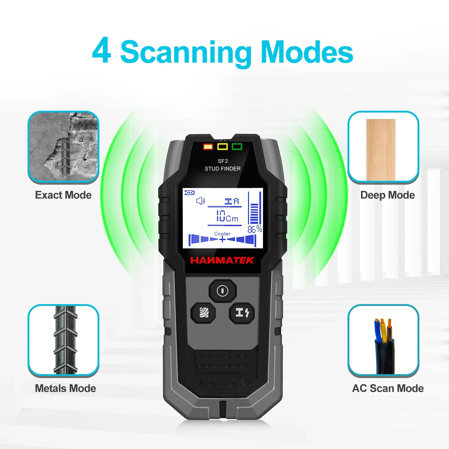 HACHANLUN SF2 Stud Finder Borchie in legno Rilevazione di metalli Rilevamento del cavo live Rilevatore di misurazione della profondità dei metalli Rilevatore da parete Scanner