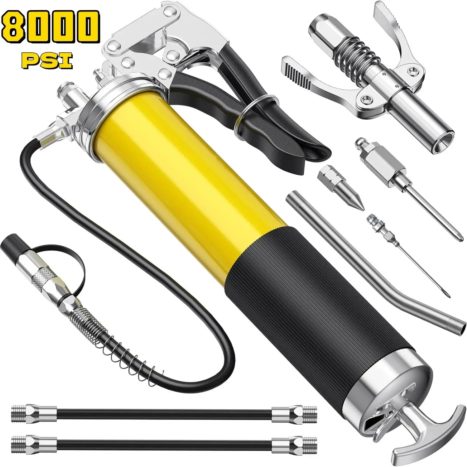 8000 PSI Heavy Duty Grease Gun Kit for 14 Oz Professional Pistol Grip Lube Grease Guns Tool with Zerk Fitting Manual Grease Gun