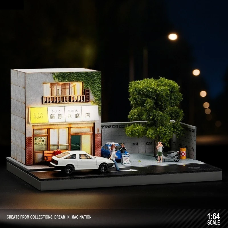 Miniature Scene of Japanese-style Fujiwara Tofu Shop for 1/64 Scake Car Model Double-layer Simulation Stereo Scene with Lighting
