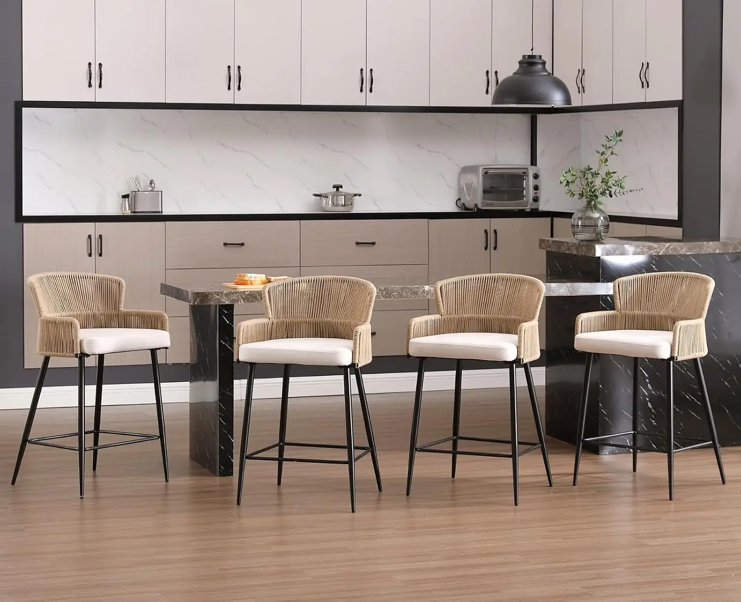 Woven Counter Stools 4 Beige Linen 26 Inch Farmhouse Wicker Back Upholstered Rattan Chairs Kitchen Patio, Customized