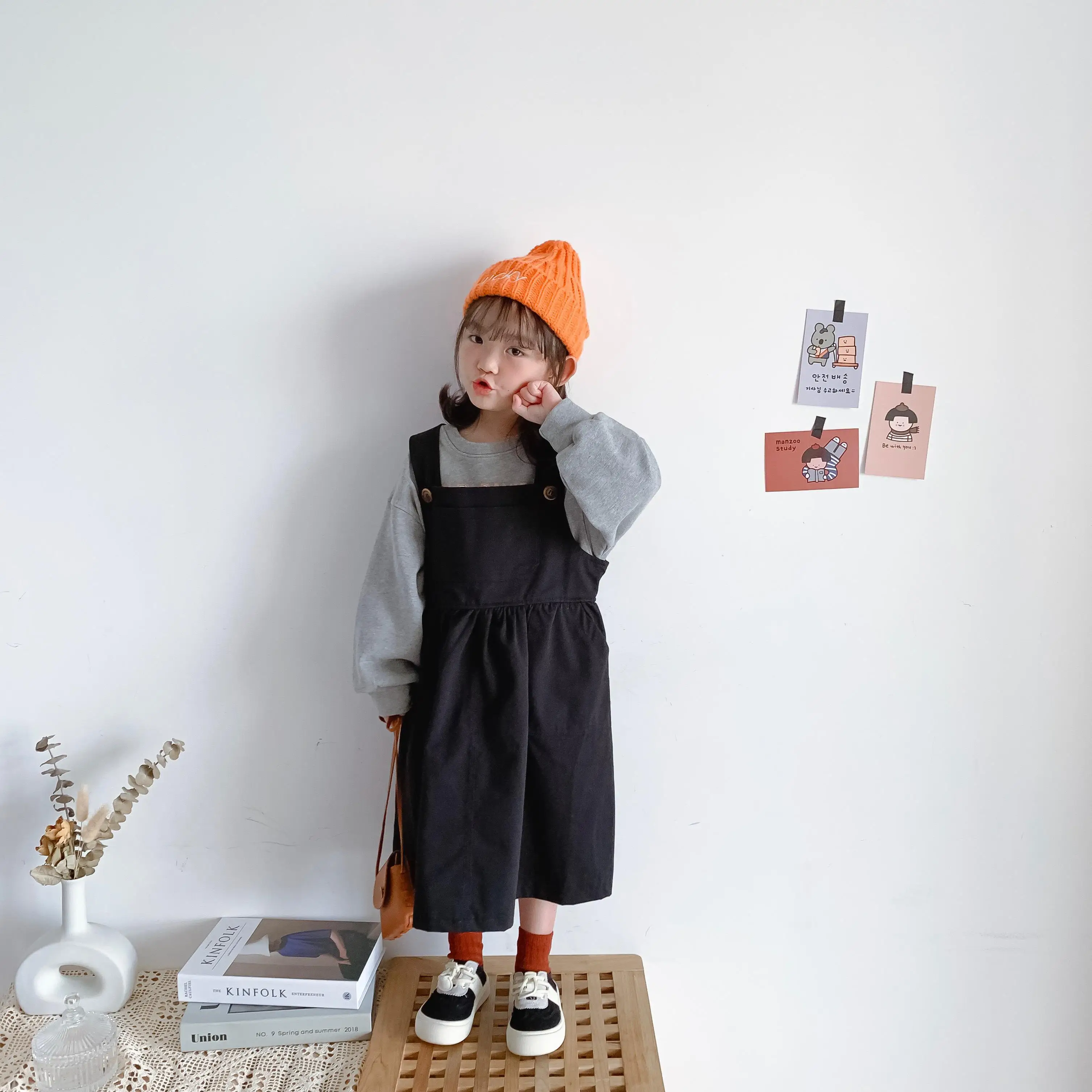 2025 Spring Autumn Girls Baby Korean Solid Color Loose Cargo Backband Dress Sleeveless Dress and Sweatshirt Sets Outfits 2-9Y