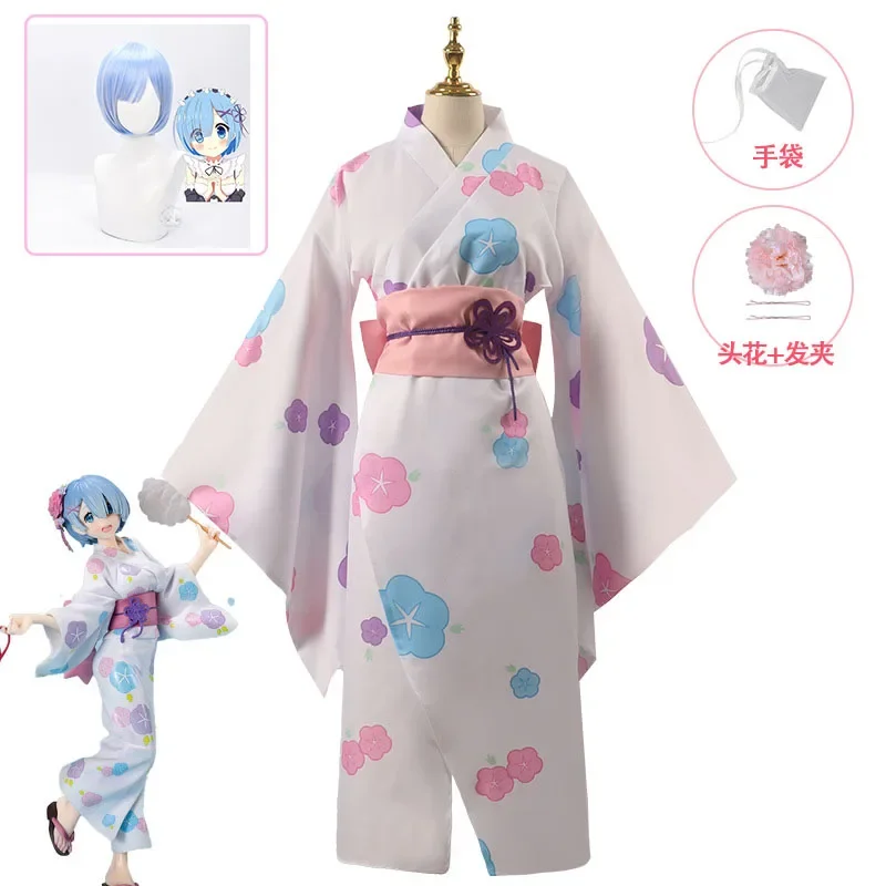 

Cosplay Anime Re:zero Kara Hajimeru Isekai Seikatsu Costume Japanese Woman Rem Kimono Dress Wig Costume Set