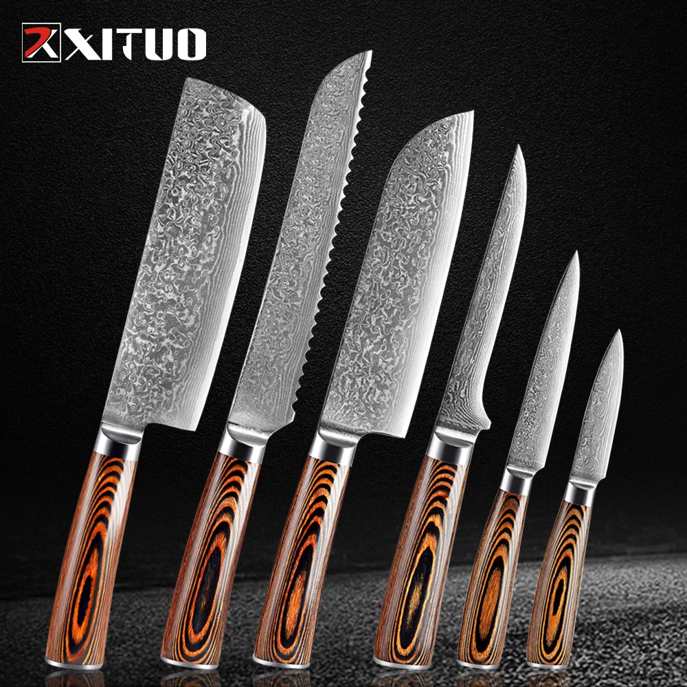 XITUO Professional Kitchen Knives Set 1-6PCS,Colored Wood Handle Damascus Steel for Bread,Santoku,Cleaver,Paring,Boning Knife