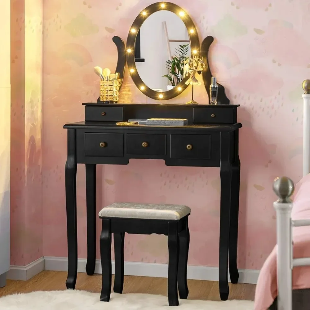 

Vanity Table Set with Lights Mirror, Bedroom Makeup Dressing Table with 360° Rotating Oval Mirror, Makeup Table with Cushioned