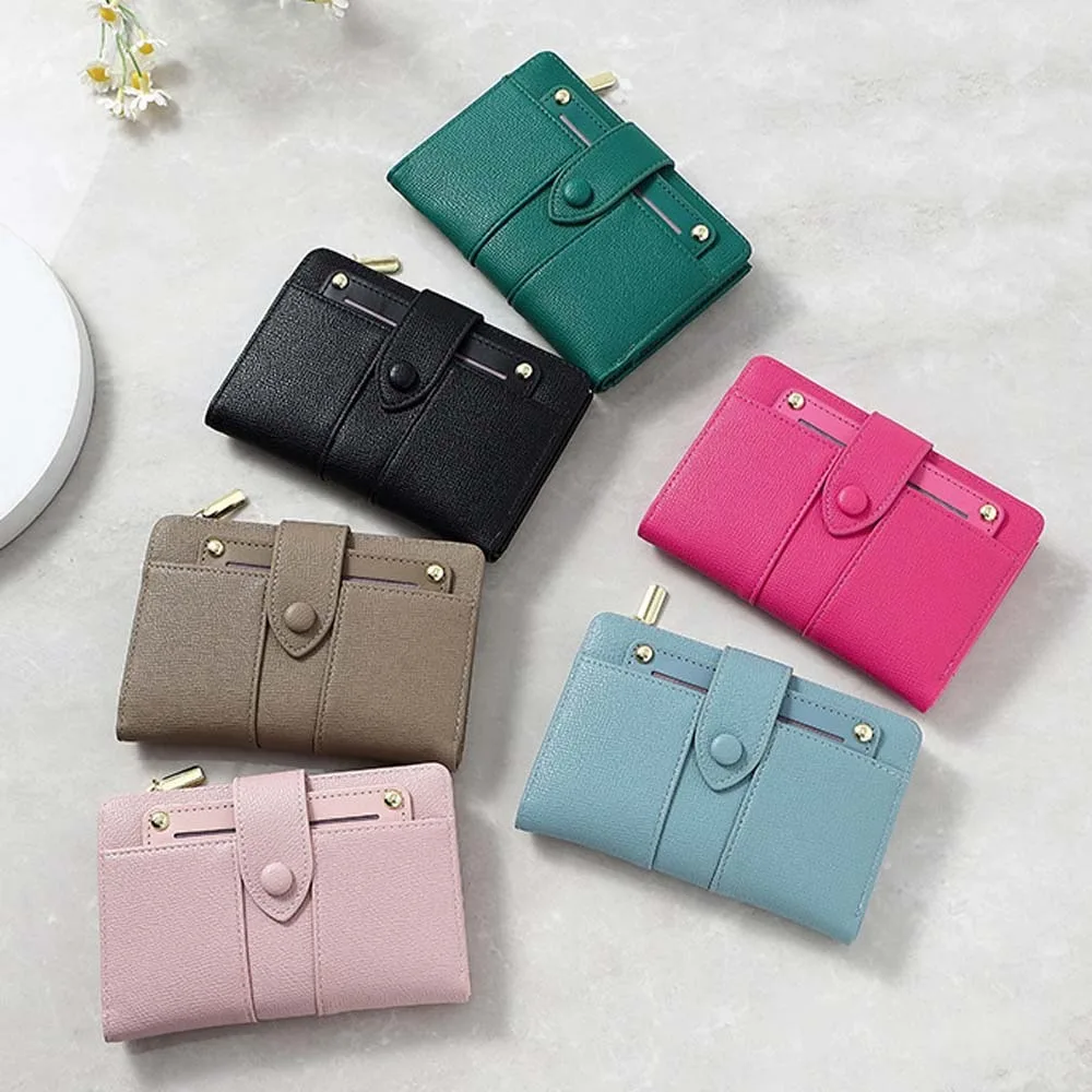 

Portable Women Wallet Snap Button Multiple Card Solid Color Card Bag Classic Style Anti-Splash Water Lady Short PU Purses Women