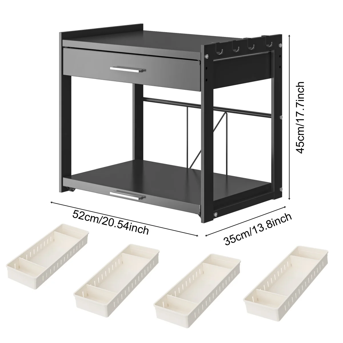 2 Layer Microwave Stand with Pull-out Tableware Drawer & Hooks, Heavy Duty Carbon Steel Kitchen Counter Organizer Storage Rack