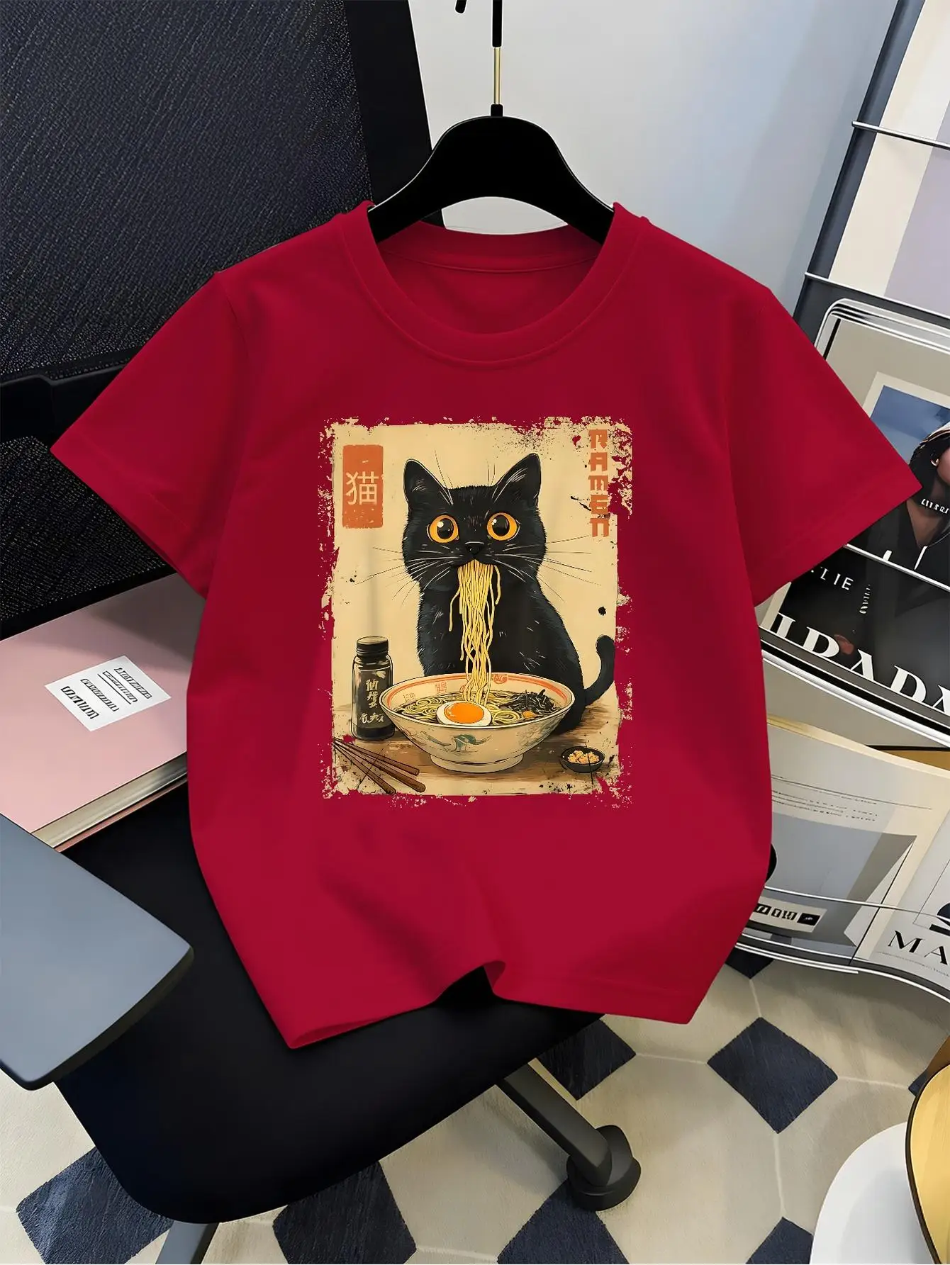 Kids Parent Child Matching Tee Boys Girls Black Cat Eating Ramen Japanese Vintage Art Casual Short Sleeve Family Tshirt