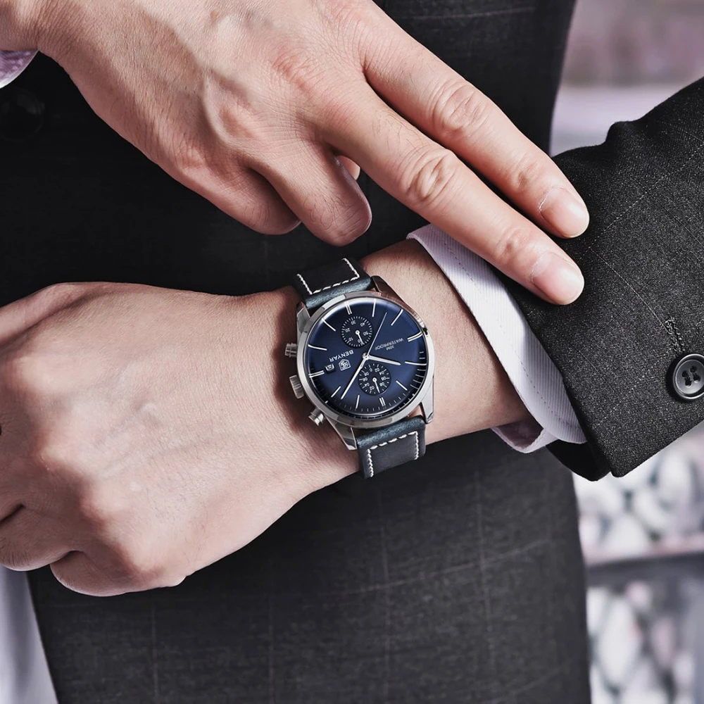 2026 BENYAR Men's Quartz Watch Waterproof Leather Multi functional Timing Code Business Men's Watch+Gift Box reloj hombre