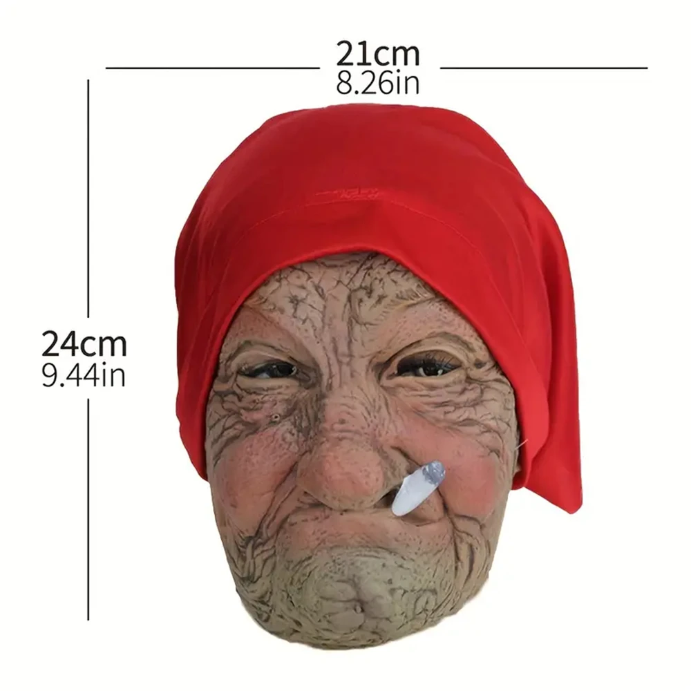 Adult Female Latex Mask Cosplay Grandma Mask Halloween Old Lady Wearing Headscarf Full Head Mask Smoking Wrinkles Horror Mask