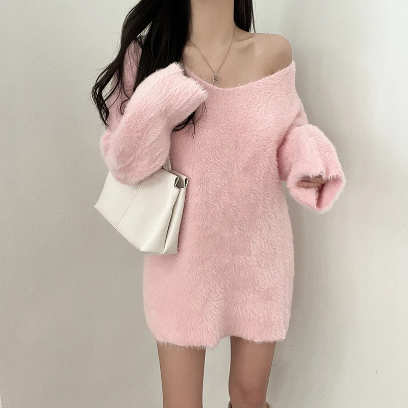 Chic Autunno Inverno Pigro Sle Maglione lavorato a maglia di media lunghezza Oulder-Bared Grande V-Ne Pelliccia sintetica Faion da donna Coreano Vestibilità ampia