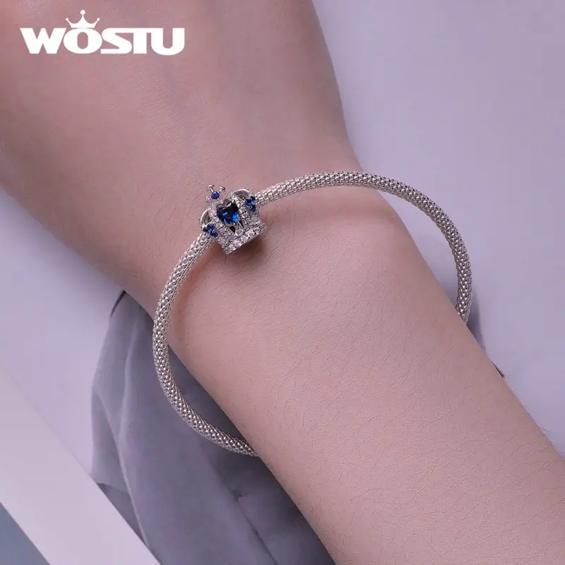 WOSTU 925 Sterling Silve Blue Crystal Heart Lock Pendant Crown Charm Earth World Beads Fit Original Bracelet Women DIY Gift