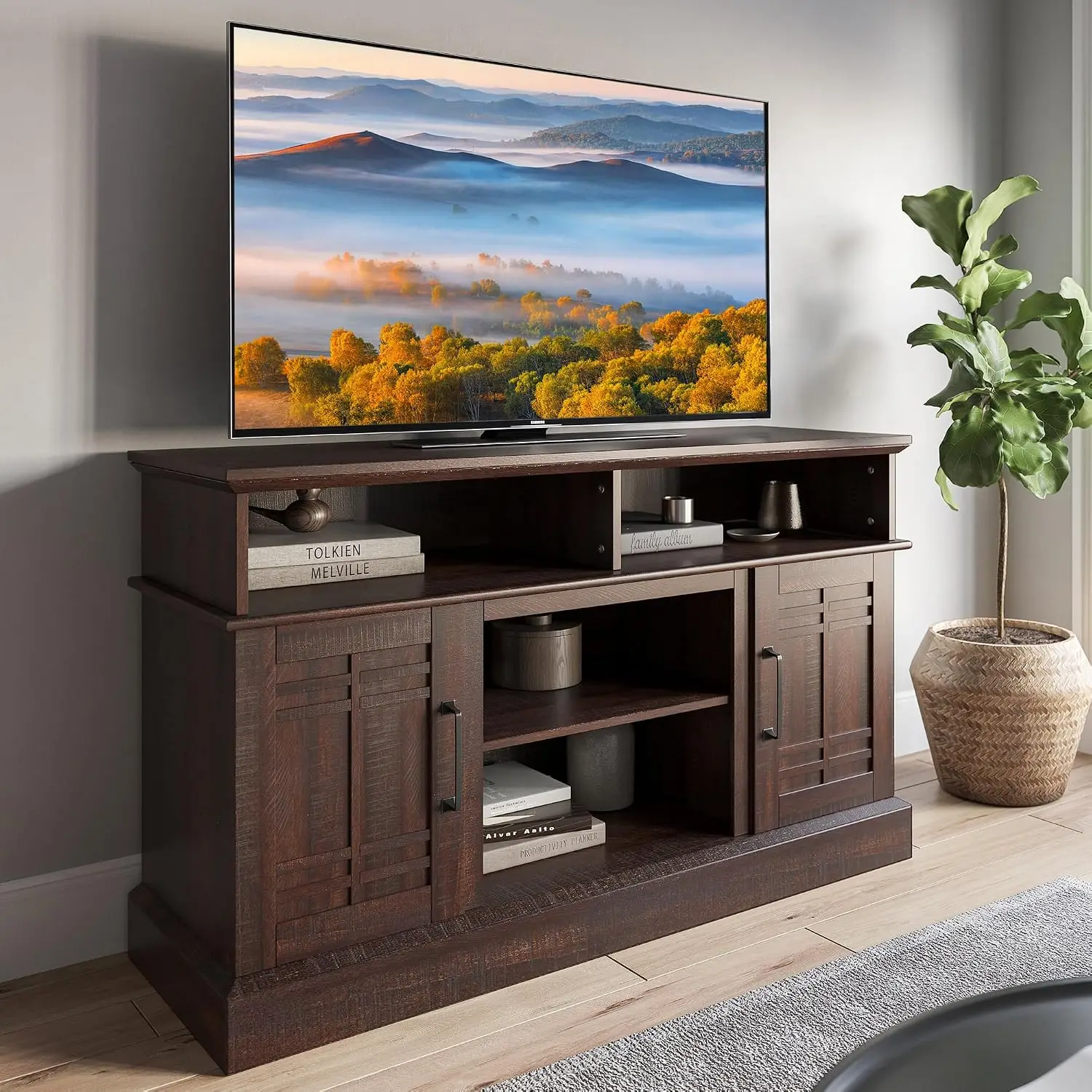 Farmhouse Wood TV Stand & Media Console for 50 Inch TV with Open Storage Shelves & Cabinets 48