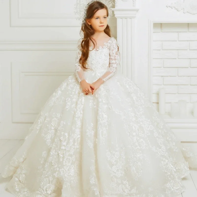 Lussuoso avorio manica lunga Flower Girl abiti da sposa in pizzo Appliques Prom festa di compleanno ragazze Pageant comunione Ball Gown