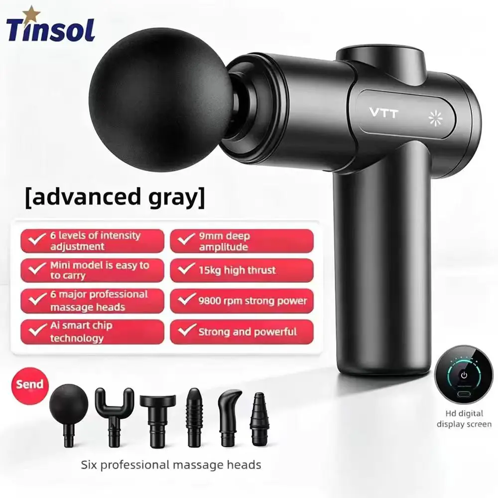 TINSOL Electric Fascia Gun Deep Tissue Percussion Massager LED Touch Screen 6 Interchangeable Massage Heads
