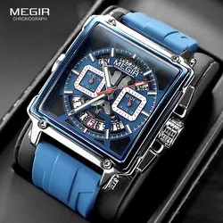 Megir 2233 Top Brand Navy Blue Quartz For Men Chronograph Waterproof With Silicone Strap Luminous Hands Date Square Dial Watches