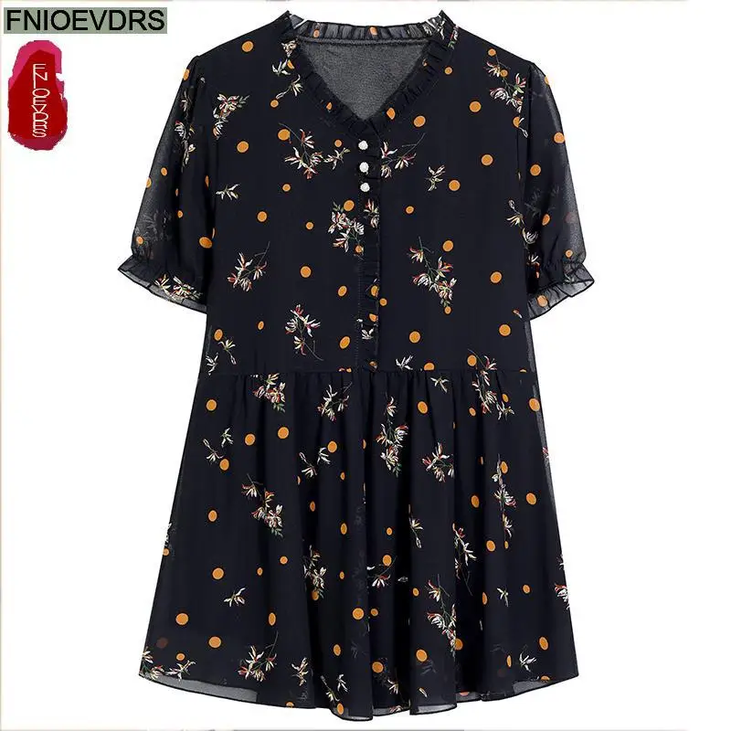 M-4XL 2023 Loose Clothes Women French Design Elegant Office Lady Black Chiffon Shirt Retro Flower Print Peplum Tops Blouses