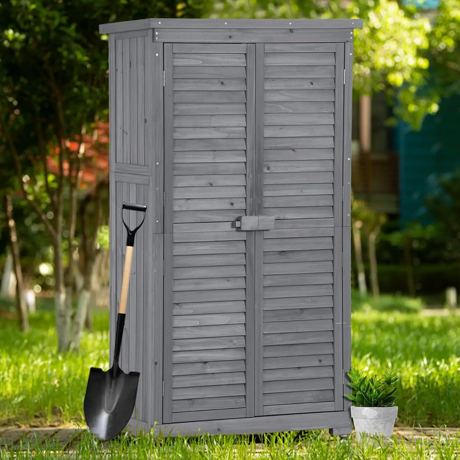 Wooden Storage Shed with Floor & Shelves, Waterproof Garden Tool Cabinet, Shutter Design, Fir Wood, Latch Lock, Gray, Customized