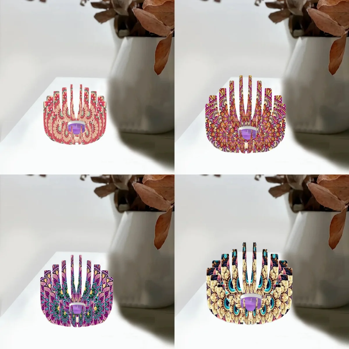 

1, набор алмазной живописи, подсвечник в форме лотоса, тема в богемном стиле, подсвечник из акрилового материала, собранный вручную и сращиваемый своими руками.