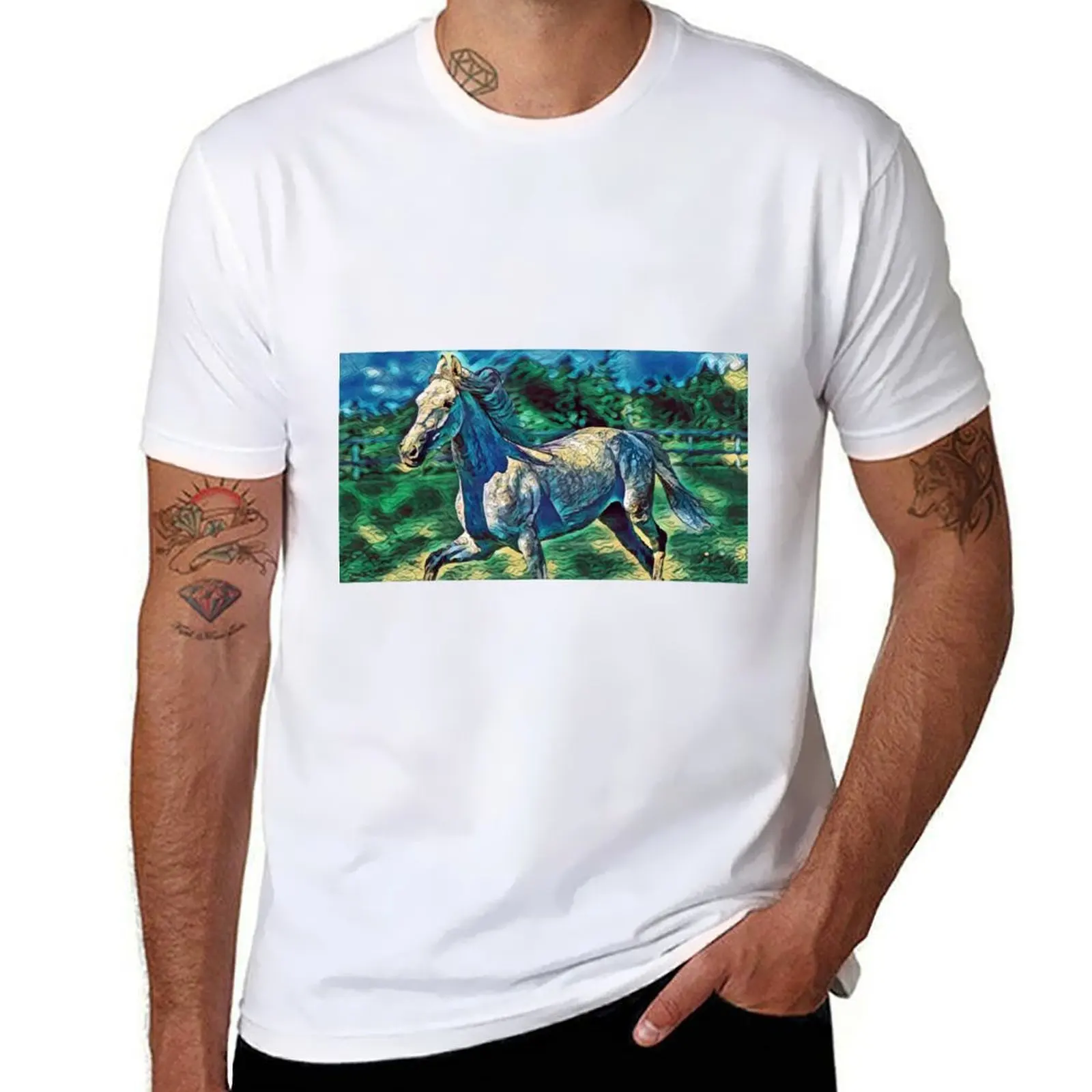 

Orlov Trotter horse running – abstract curved lines art in blue and green T-Shirt man t shirts cotton T-Shirt