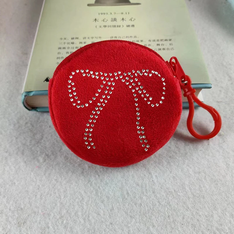 Diamond Bow Knot Woman Wallet Plush Coin Purse Y2k Fashions Purse Square Mini Bag Kawaii Keychain Pouch Korean Popular Bag