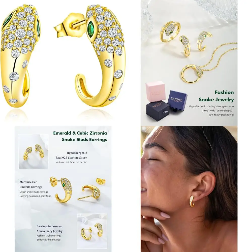 

14K Gold Plated Sterling Silver Emerald Snake Stud Earrings with Cubic Zirconia, Half Hoop Design for Women