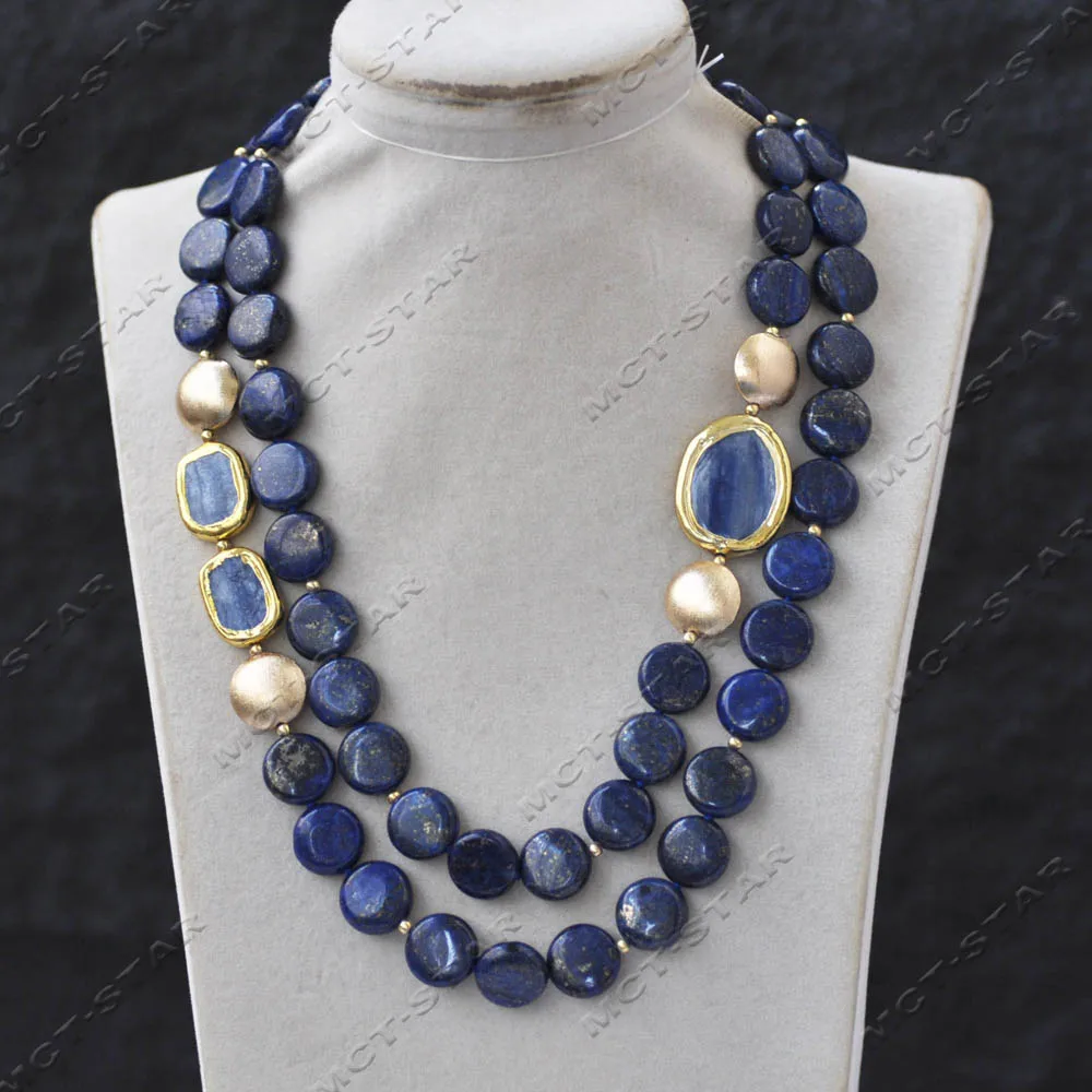 Z14194 2Row 19'' 28mm Blue Coin Lapis lazuli Oval Blue-Crystal Necklace