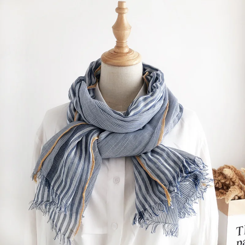 New Scarf Women's Thin Mori Color Matching Cotton and Linen Shawl Korean Version Versatile Linen Literary and Retro Fashion