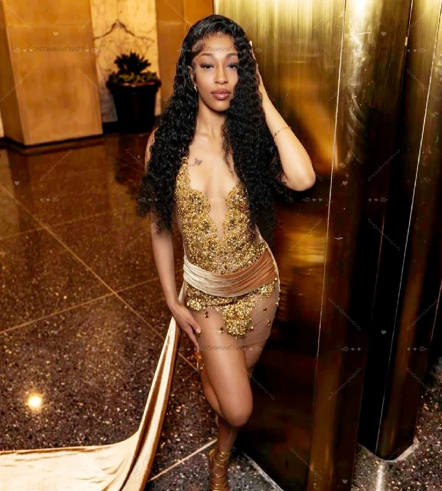 

Sexy Diamond Baddie Gold Evening Dress With Train Velvet Mini Short Prom Dress Illusion Black Girls Cocktail Dress Birthday Gown