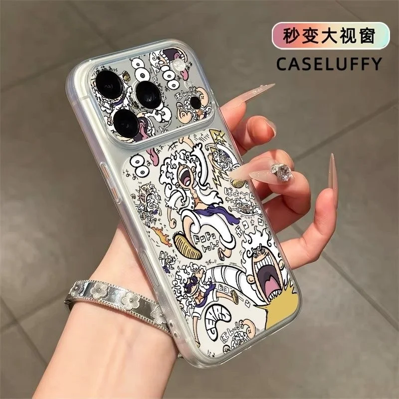 Cute Funny Anime One Piece Nika Luffy Big Camera Window Transparent Phone Case For iPhone11 12 13 14 15 16 17 Pro Max Plus Cover