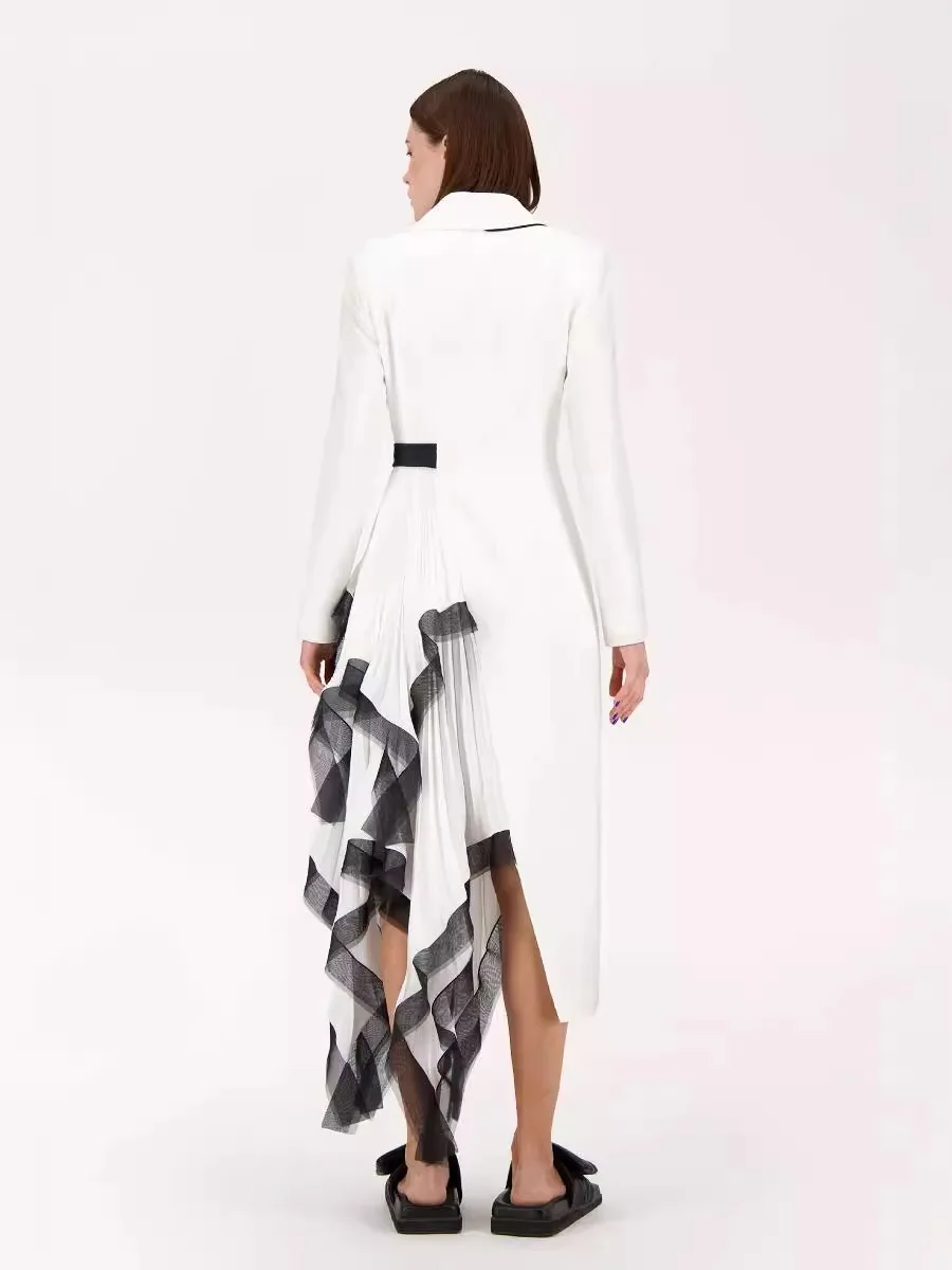 White Black Women Suit One Piece Long Blazer Coat Belt Ruffles Long Sleeve Autumn Fall Formal Office Lady Windbreak Jacket G702